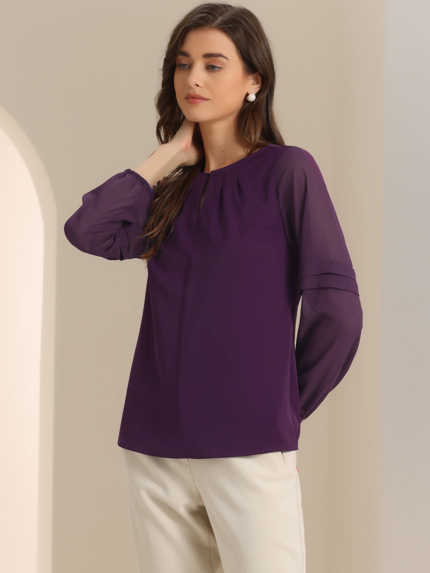 DARING DIVA Chiffon Semi Sheer Long Sleeves Blouses M Deep purple