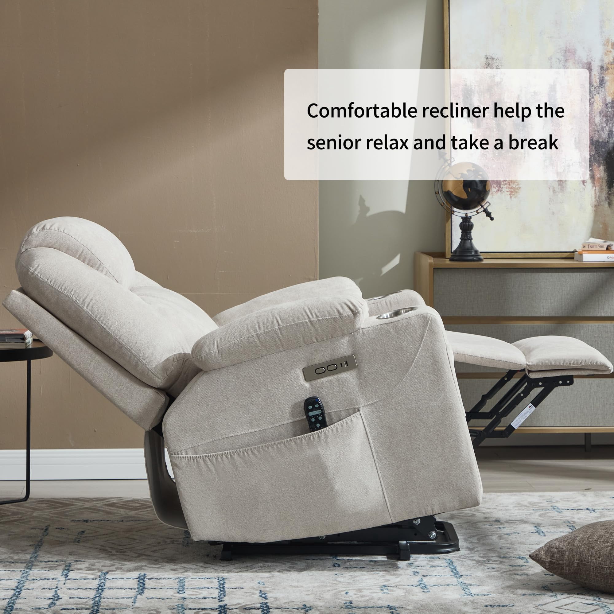 Power Lift Recliner Chair, Electric Lift Recliner for Elderly Reclining Chair with Vibration Massage and Lumbar Heating, Single Sofa with Charging Ports Cup Holders