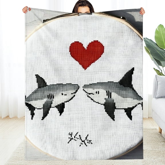 FCXZI Sharks Heart Cross Stitch Lightweight Flannel Blanket, Multi-Purpose 30*40in