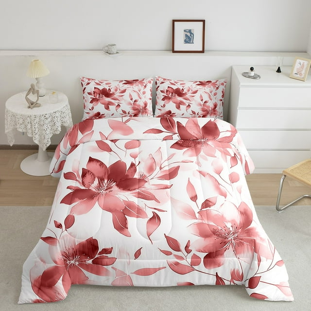 Erosebridal Red Boho Floral Bedding Full Comforter Set, Retro Botanical Down Comforter, Watercolor Decor, 3-Piece