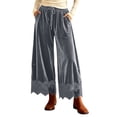 thumbnail image 2 of Karymi Women's Shorts Solid Velvet Wide Leg Long Pants, Elastic Drawstring High Waist Trousers, Hollow Lace Scalloped Hem Side Pockets Palazzo Pants Capri Pants for Women, 2 of 8
