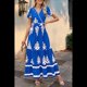 thumbnail image 4 of Vestido de Corta con Cuello en V, Estampado Floral, Bolsillos y Mangas Acampanadas, Azul, Talla L, 4 of 7