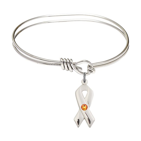 5 3/4 inch Oval Eye Hook Bangle Bracelet w/ Cancer Awareness medal charm w/ November Yellow Swarovski Crystal