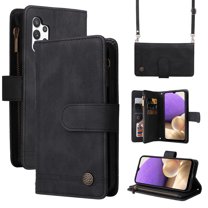 Feishell for Samsung Galaxy A32 5G 6.5 inch Zipper Wallet Case with Wrist Strap & Shoulder Strap,Premium PU Leather Magnetic Clasp Flip Holder Card Slots Crossbody Phone Case for Women Men,Black