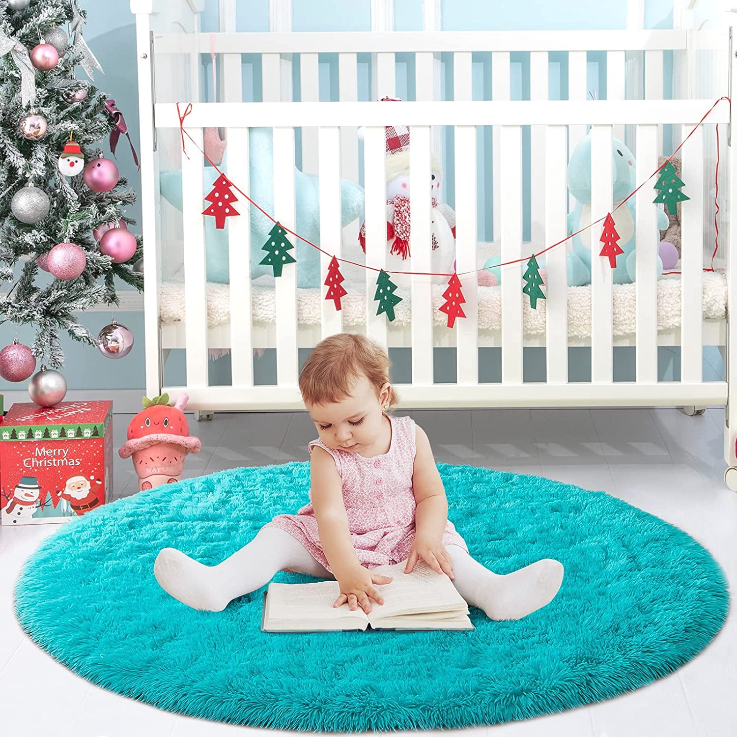 DweIke Round Rug for Bedroom,Soft Shaggy Area Rugs for Living Room Decor,Fluffy Circle Carpets for Nursery,4'x4',Blue