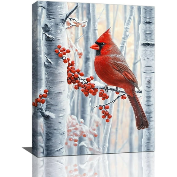 Aaheei Cardinal Wall Art Red Birds on Branch with Berries in Winter Pictures Winter Canvas Wall Decor Cardinal Painting Home Artwork Decorations for Living Room Bedroom Bathroom Office