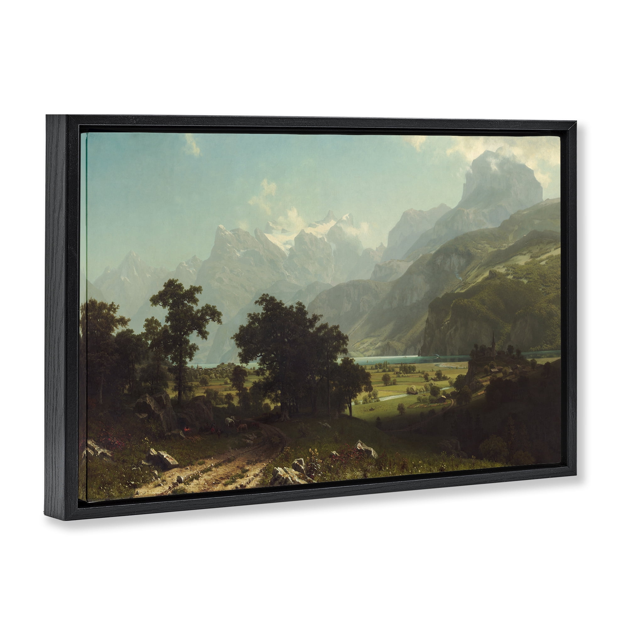 Stupell Industries Classical Bierstadt Lake Lucerne Landscape & Nature Painting Black Floater Framed Canvas Art Print Wall Art, 25 x 17