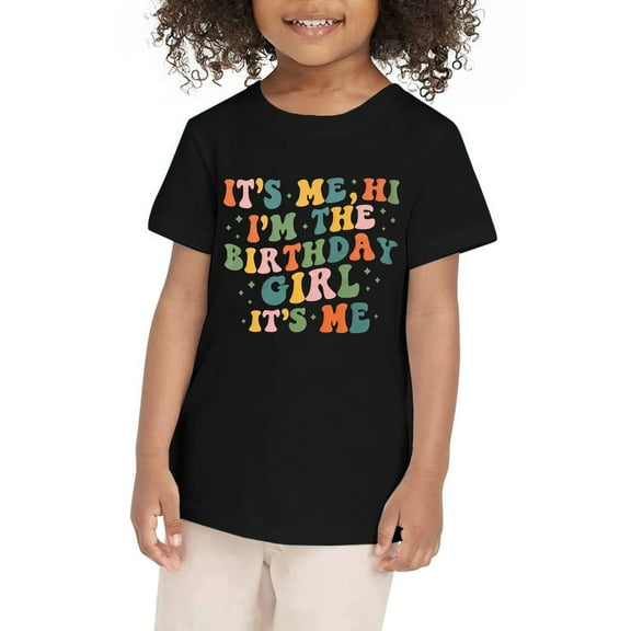 FAOWME Girls Birthday T-Shirt Casual Party Tee Tops Kids Summer Tops Tee Black 7-8 Years