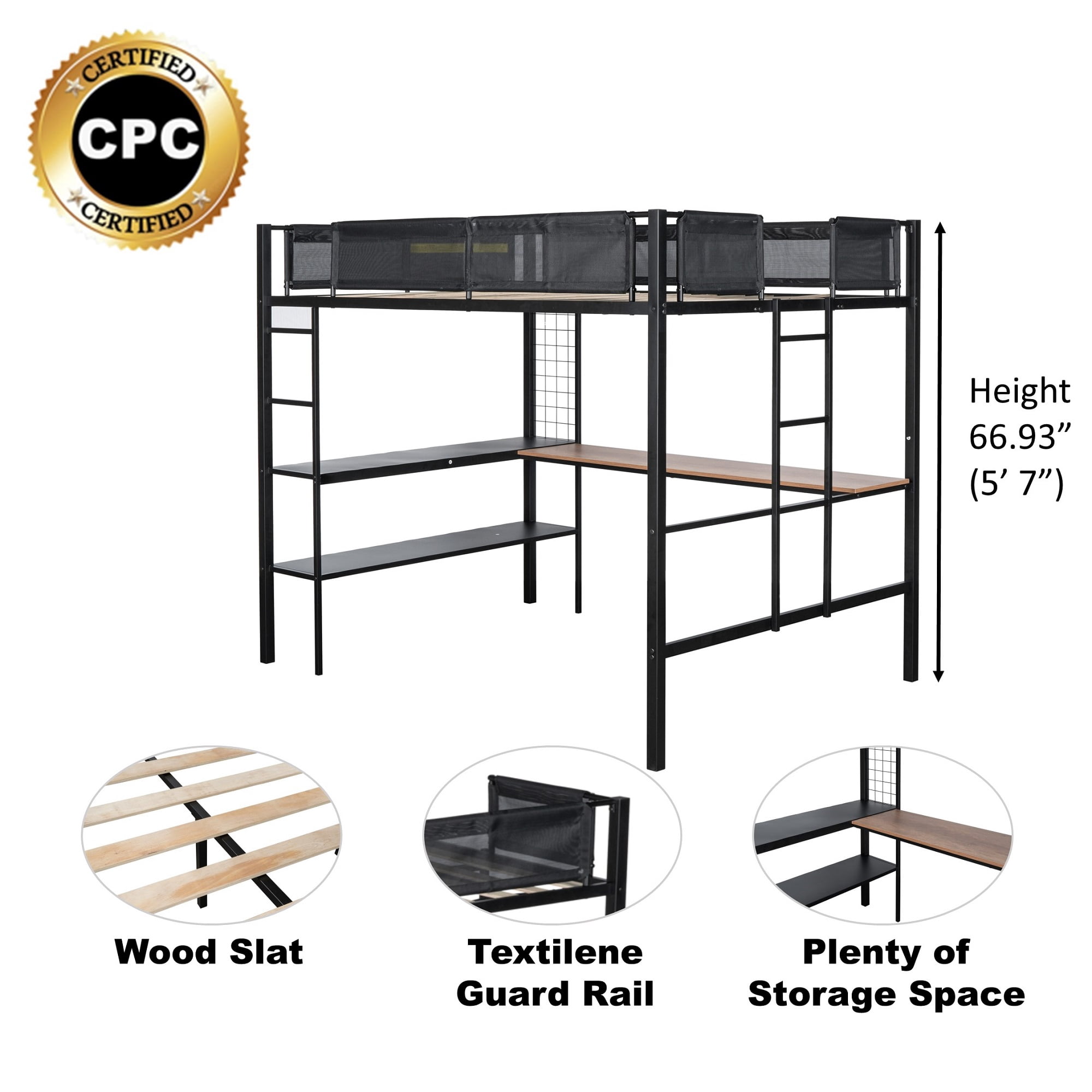 DEALTOPS Full Size Metal Loft Bed with Desk and 2-Tier Shelves and Grid Panel, Textilene Guardrail, Black