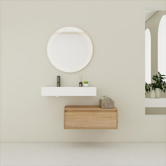 Noble House 30" Wall-Mounted Left Bathroom Vanity, Resin Sink, Soft-Close Drawer, Mid Century Design, Imitative Oak