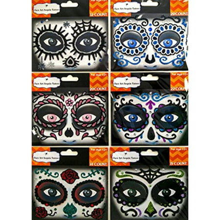 Set of 6 Face Art Sequin Tattoo - 6 Different Designs - Temporary Fake Tattoos (option