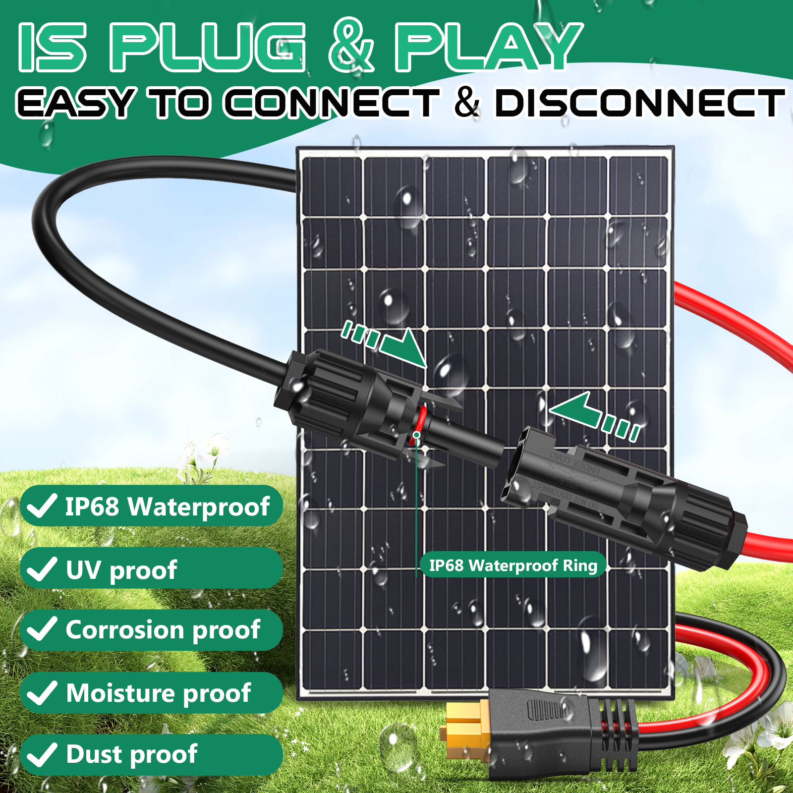 Solar Connector to XT60i Charge Extension Cable, 50FT Adapter Cable to Solar Panel Charging Wire for Battery Portable Power Station Solar Generator