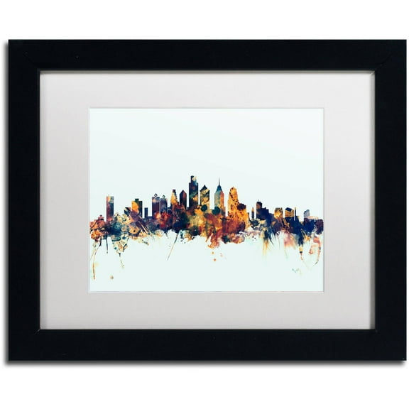 Trademark Fine Art "Philadelphia PA Skyline Blue" Canvas Art by Michael Tompsett, White Matte, Black Frame