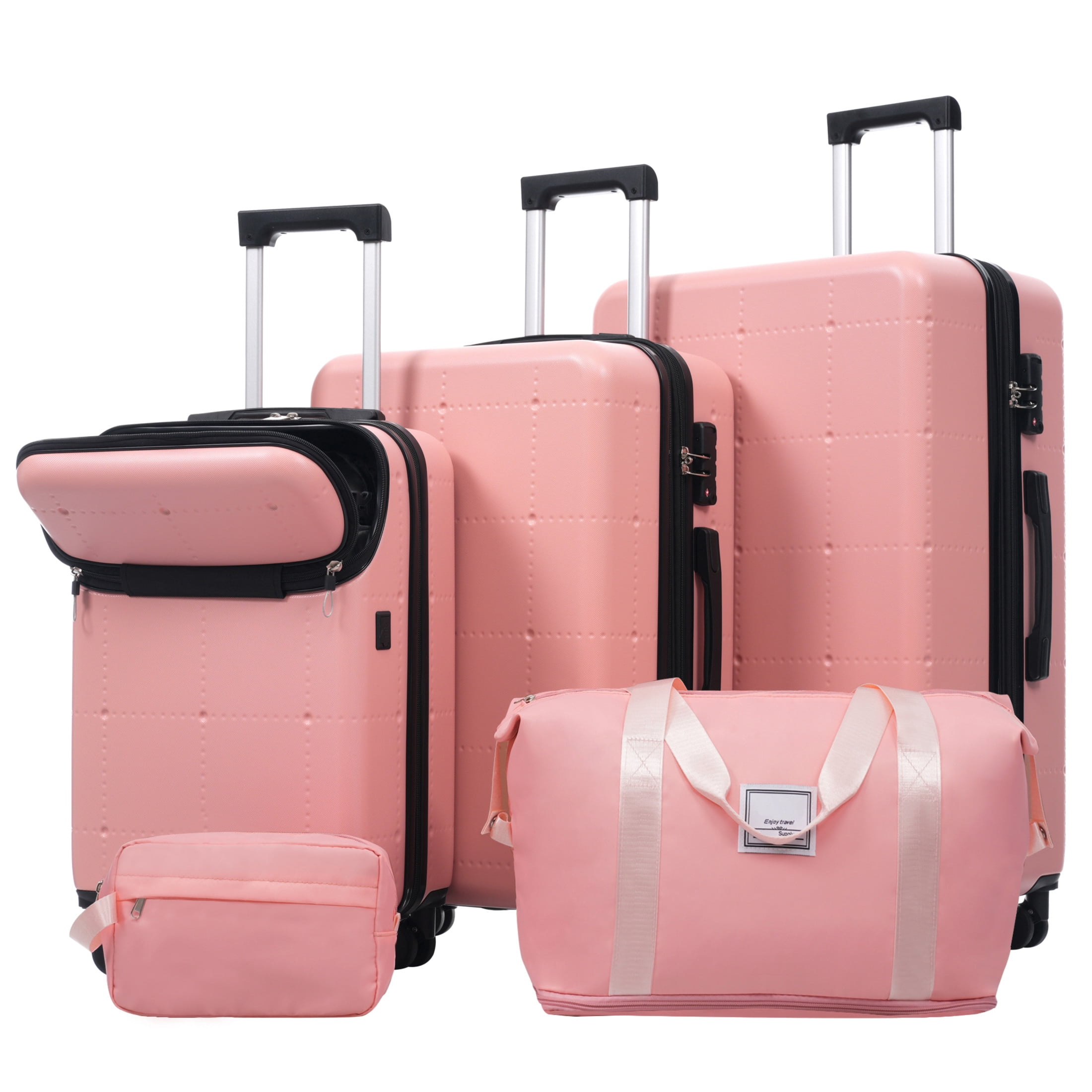 GDF Studio 5-Piece Hardside Luggage Set, Carry-On Suitcase with USB Port and Checked Bags, Spinner Wheels, Light Pink