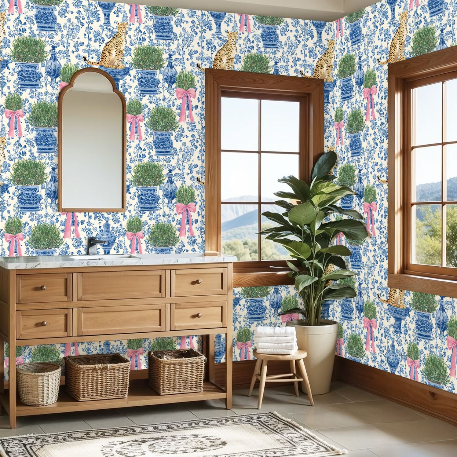 Cheetah Peel and Stick Wallpaper 23.6in x 9.8ft Blue White Floral Cheetah Ribbon Tied Planters Contact Paper Vinyl Waterproof Self Adhesive Wall Paper for Bedroom Shelf Cabinet Renter Friendly