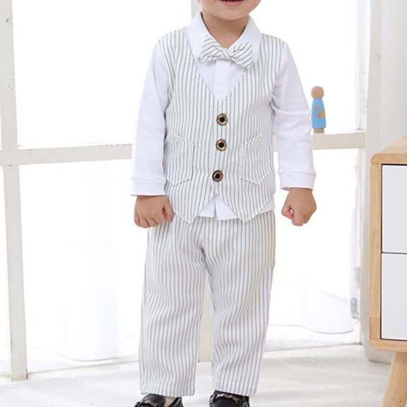 Spazoro Toddler Boys 3-Piece Suit Set, Shirt Pants Bow 3-Button Classic Solid Formal Dress Set for Wedding White Size 2 T