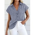 thumbnail image 5 of PRETTYGARDEN Womens Button Down Shirts V Neck Short Cap Sleeve Collared Plaid Tops Summer Spring Casual Blouses Clothes, 5 of 8