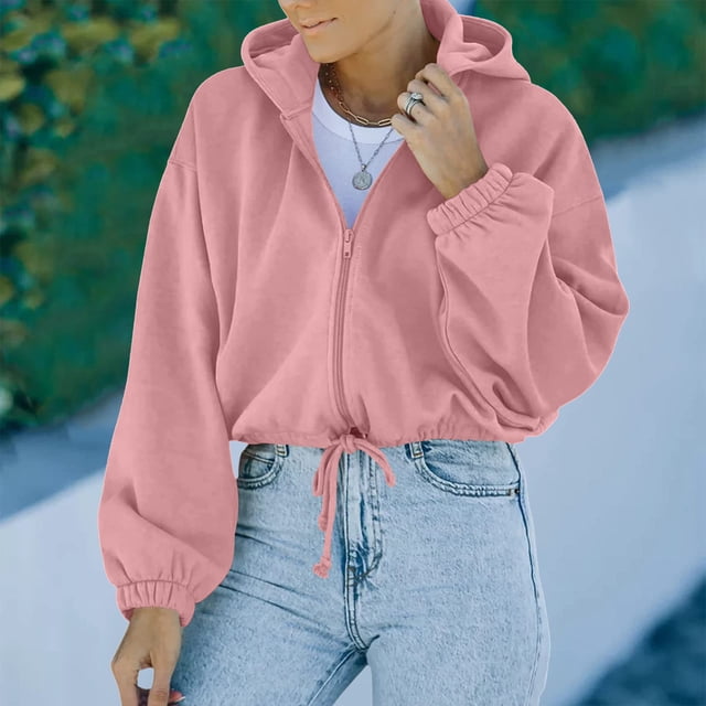 IROINID Veste Courte Décontractée pour Femmes Couleur Unie à Fermeture Éclair Manches Longues, Pink