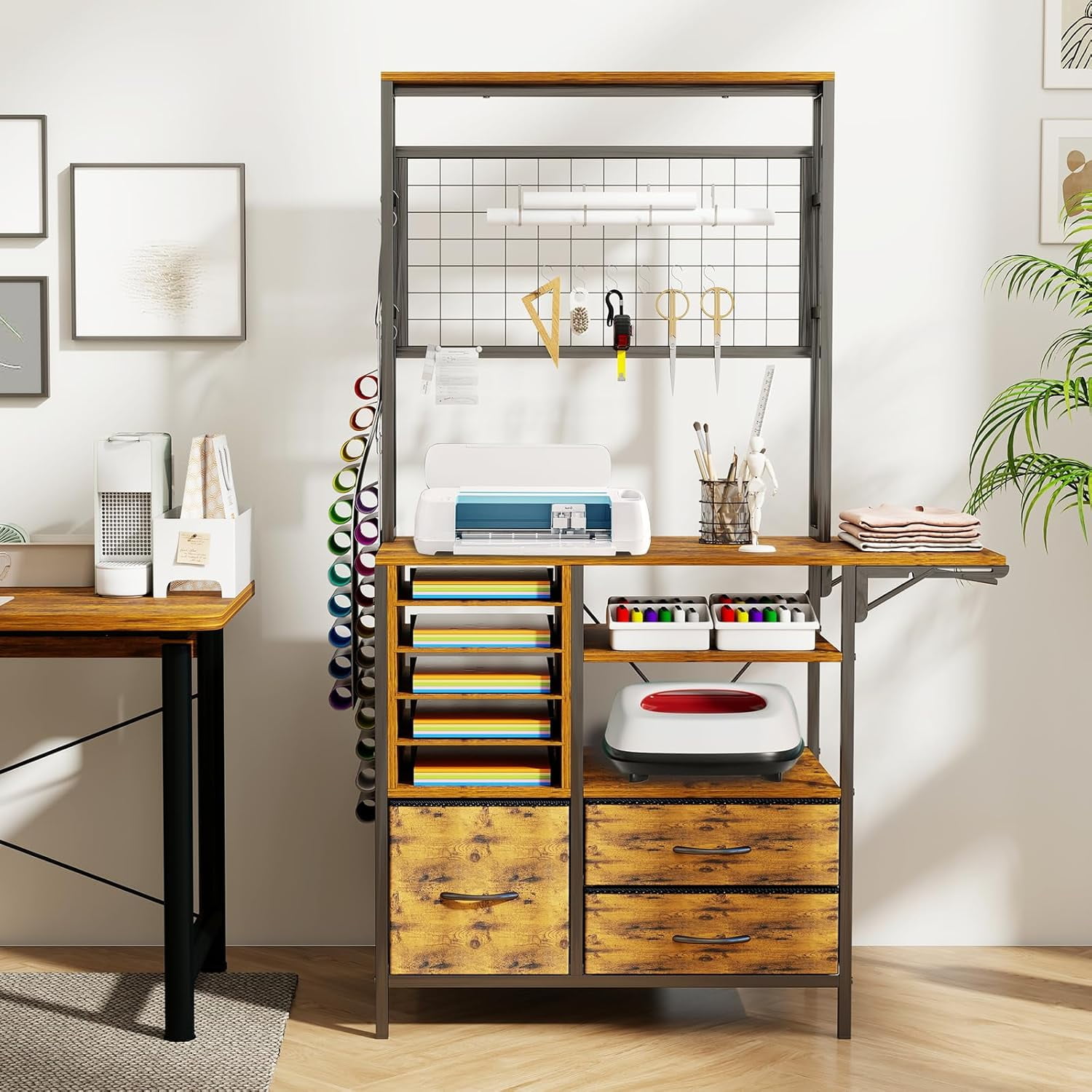 Craft Organizers and Storage Cabinet Brown Cricut Table with Drawer Sewing Table with Fold Out Crafting Desk for Vinyl Roll Holder for Craft Room