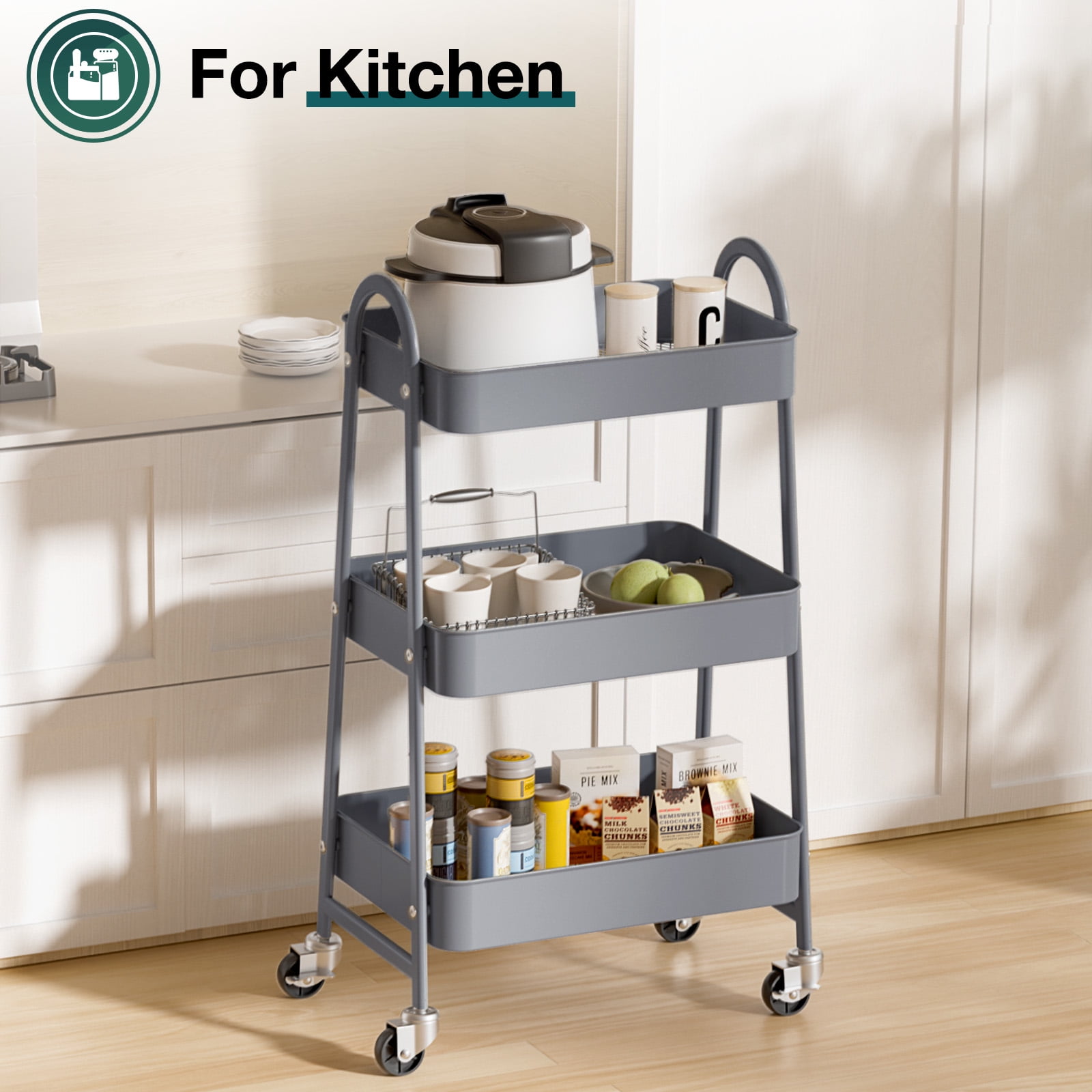 ZUNMOS 3 Tier Rolling Cart, Metal Utility Storage Cart with Lockable Wheels for Livingroom, Bathroom, Kitchen & Narrow Spaces,Gray