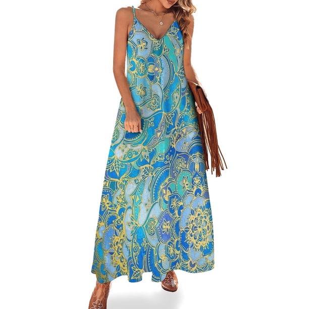 Vestido sin mangas con mandalas de zafiro azul (a petición del cliente) Vestido de noche para mujer estilo coreano