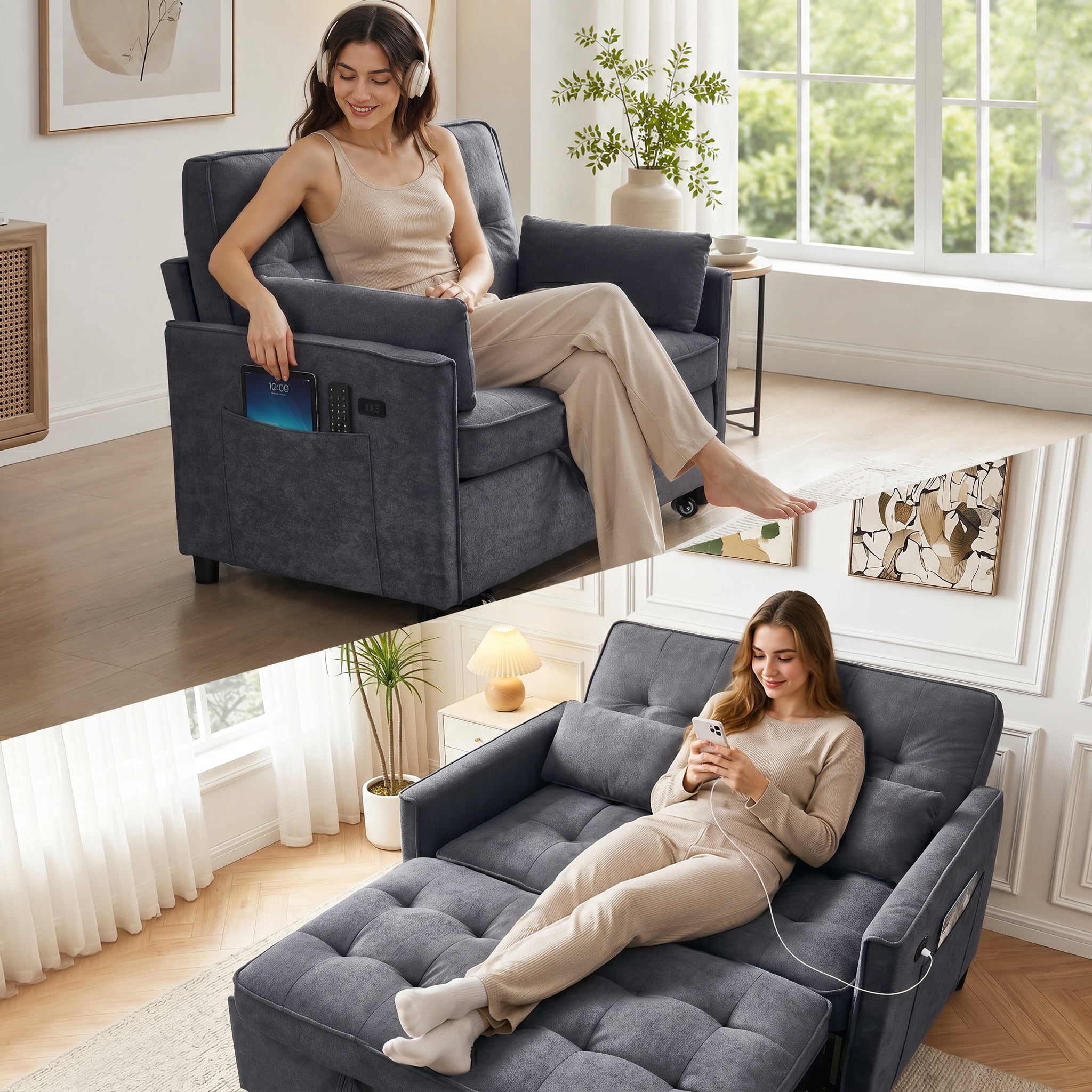 avobird 54'' 3 in 1 Pull Out Sofa Bed, Convertible Couch with Adjustable Backrest/Side Pockets/USB Charging Ports, Sleeper Sofa for Living Room, Dark Gray