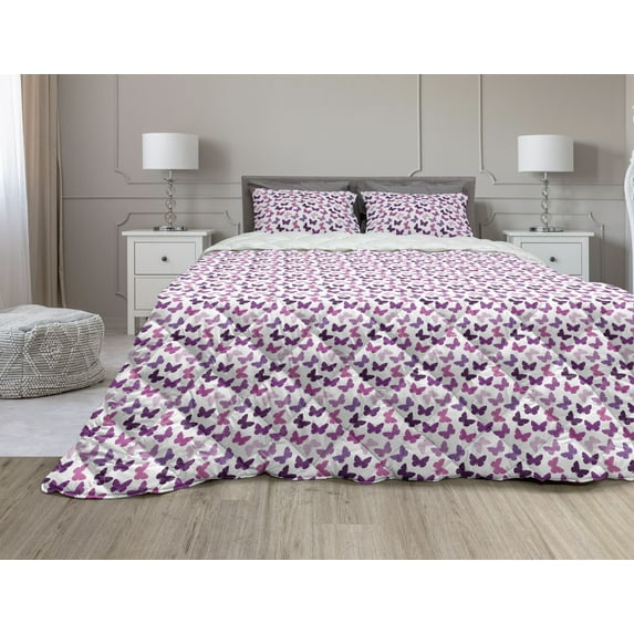 Butterfly Comforter & Sham Bedding Set, Insect Art Swirled Wings Vintage Modern Ornate Fashion Style Print, 3 pcs Duvet Set Microfiber Filling Quilt, 5 Sizes, White Brown and Grey, by Ambesonne
