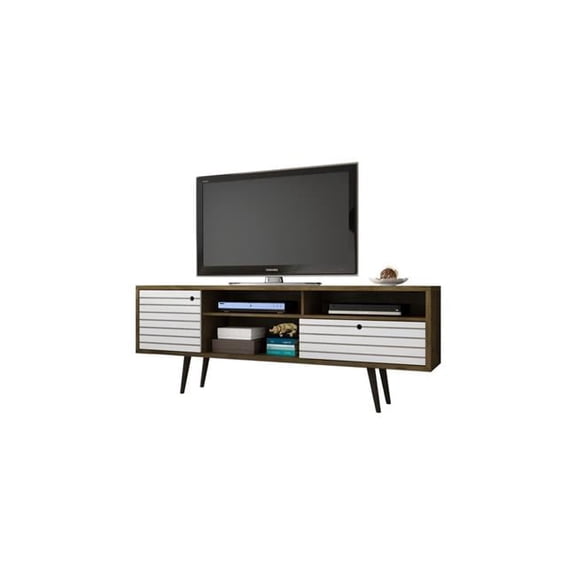 Manhattan Comfort Liberty 70.86 in. Mid Century - Modern TV Stand with Solid Wood Leg 4 Shelving Spaces & 1 Drawer in Rustic Brown & White