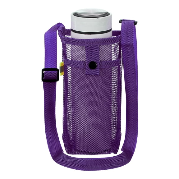 Water Bottle Holder with Shoulder Strap, Mesh Water Bottle Sleeve Bag, Crossbody Bottles Carrier Sling Pouch for Hiking Gym Camping Walking Travel, Purple