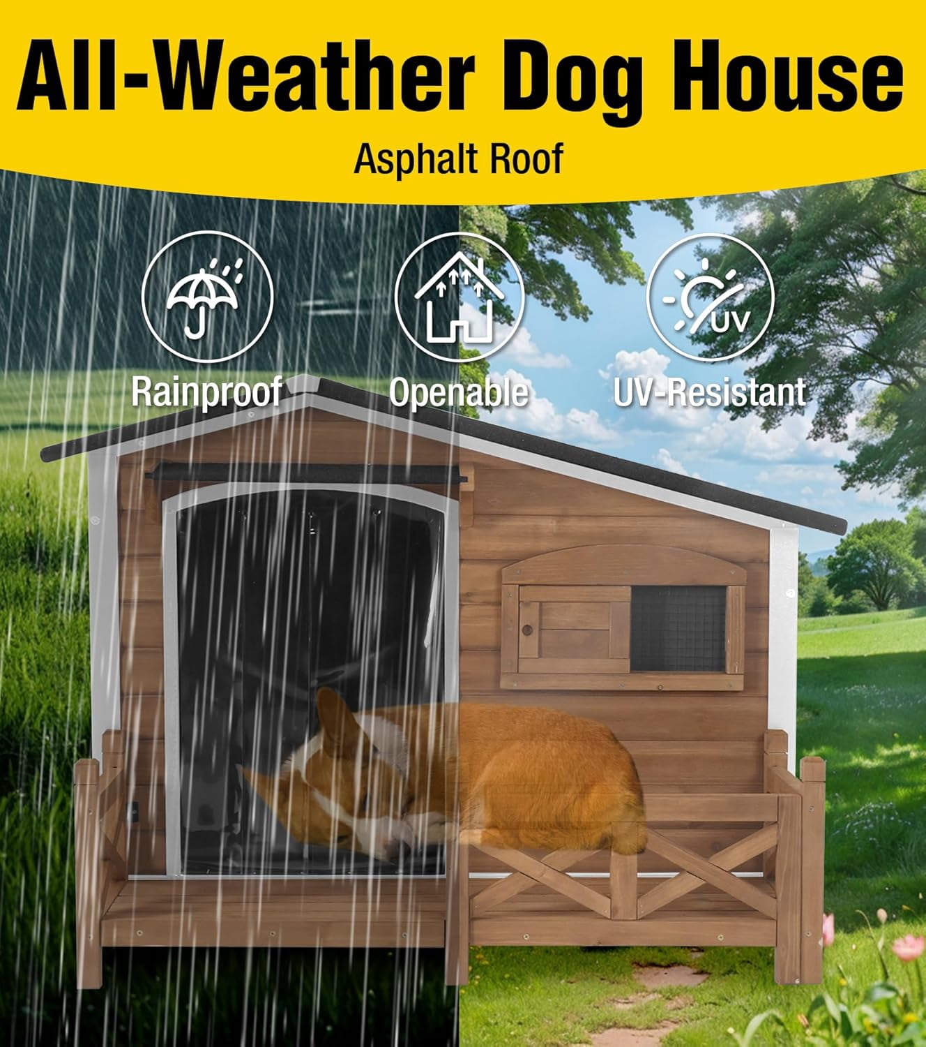 Aivituvin Dog House Outdoor with Anti-Chewing Metal Frame, Wooden Dog Kennel with Sliding Window, Detachable Floor, Weatherproof Roof - Brown