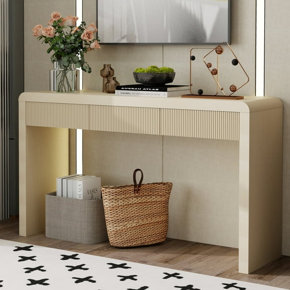 53 Inch Fluted Table for Entryway, Farmhouse Console Table with 3 Drawers and Adjustable Foot, Solid Wood Couch Tables Behind Sofa for Hallway, Living Room, Foyer, Apricot