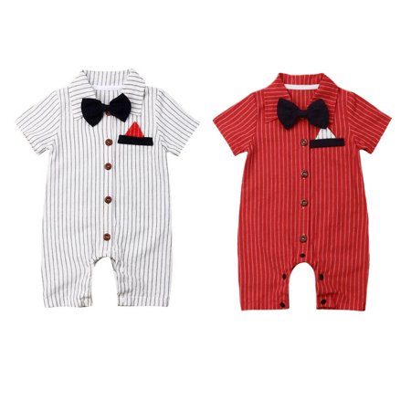 

Baby Boy Rompers Infant Jumpsuit Newborn Summer Bodysuit Short Sleeve Playsuit Gentlemen Bowtie Outfits Wedding Party 0-18M