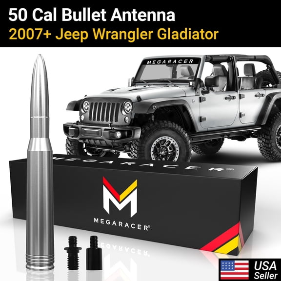 Mega Racer 2007-2024 Jeep Wrangler Gladiator 50 Cal Bullet Antenna (SILVER) - 4xe JK JKU JL JLU JT Rubicon Sahara Willys Mojave Truck Car Antenna Replacement, 1 PACK