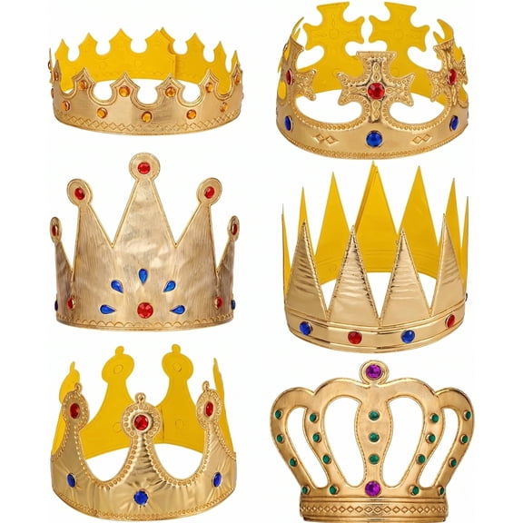 6 Pcs Gold Foam Crowns, Jeweled King Queen Crown Hats for Birthday Party & Halloween Costumes