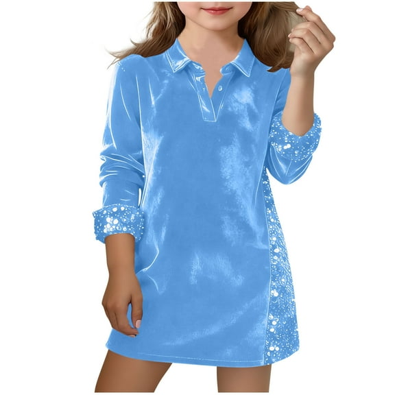 Levmjia Girls Dress 5 - 14 Years Velvet to Tween Girls Polka Dot Sequin Spliced Turn - down Collar Long Sleeve Button Front Party Casual Dress