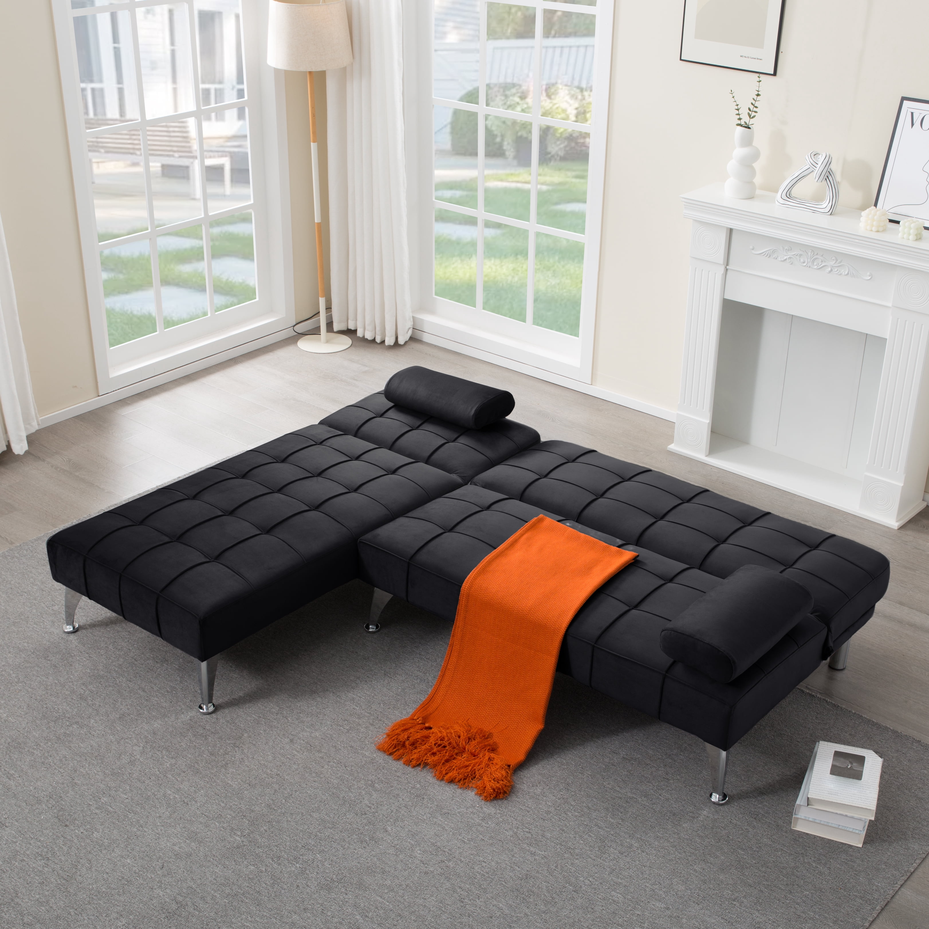 Gewnee 78.35”L-Shaped Velvet Reversible Sectional Sleeper Sofa,Futon Sofa with Adjustable Split Back & Chaise,Couch for Home,Office and Guest Room.Black