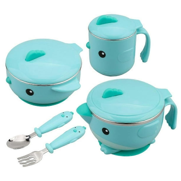 Infant Utensil Eating Non-Slip Heat Preservation Bowl Tablewares Spoon Fork Set(Blue )