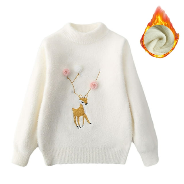 QUDDERR Pull-Over pour Filles et Garçons 2-13T, Col Rond, Tricot en Polaire, Épais, Automne Hiver