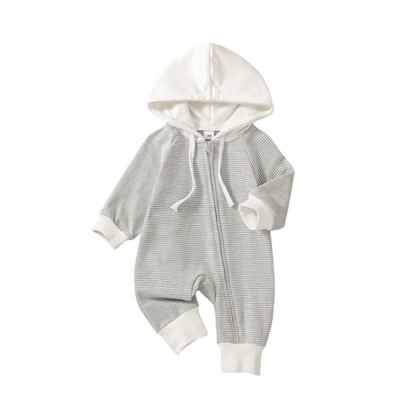 

Newborn Baby Boy Clothes Color Block Long Sleeve Zipper Hooded Romper with Pocket Fall One Piece Outfits