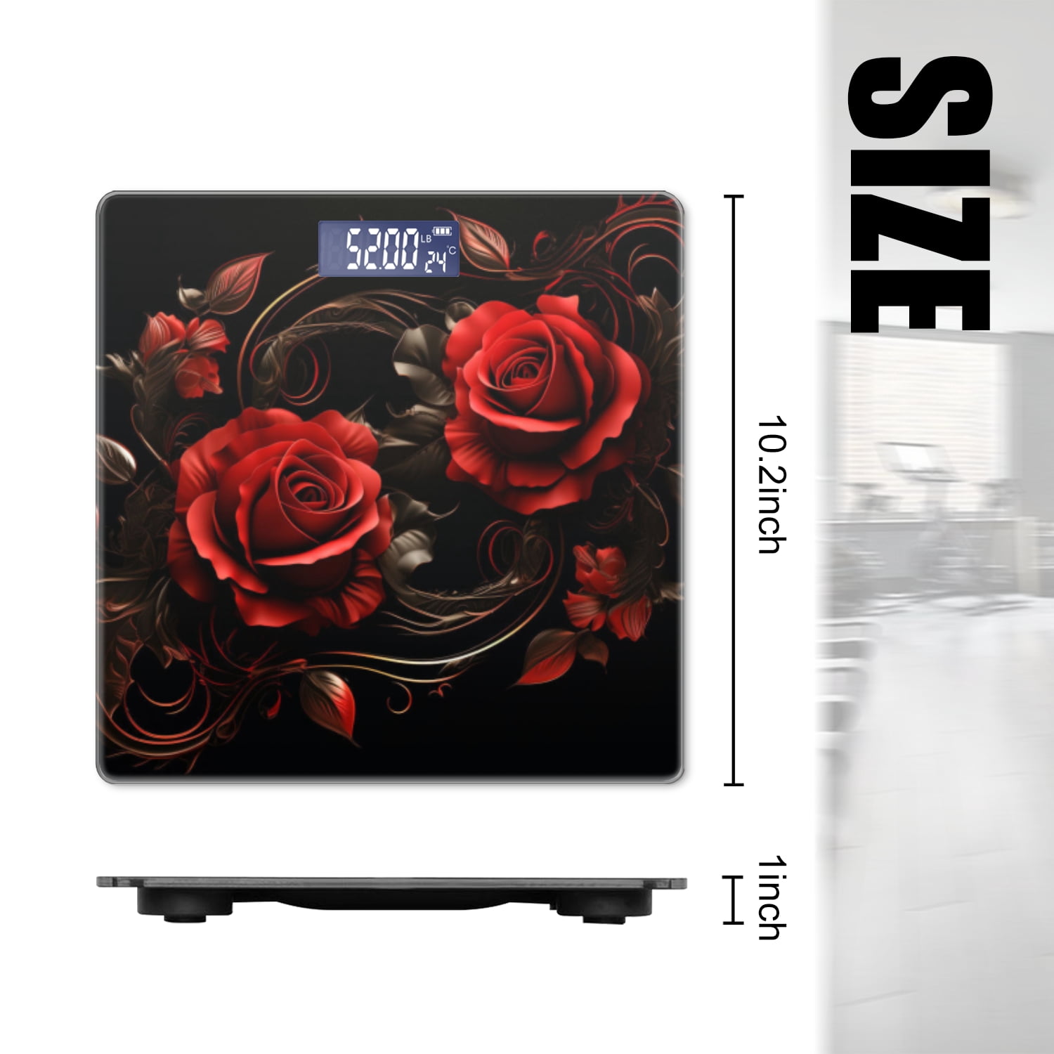 Bathroom Scale, Highly Accurate Digital Body Scale,Precisely Measures Weight up to 400 lbs-Render Of Red Roses With Swirls And Leaves On Black Background