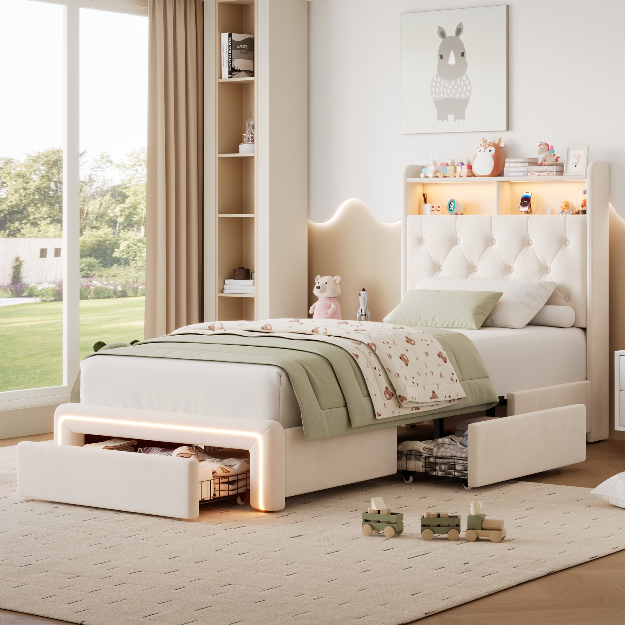 BSHTI TWIN Size Beige Velvet Upholstered Platform Bed Frame with LED Storage Headboard, Charging Station, Underbed Drawers, Tufted Design, No Box Spring Needed, Modern Bedroom Furniture (Beige)