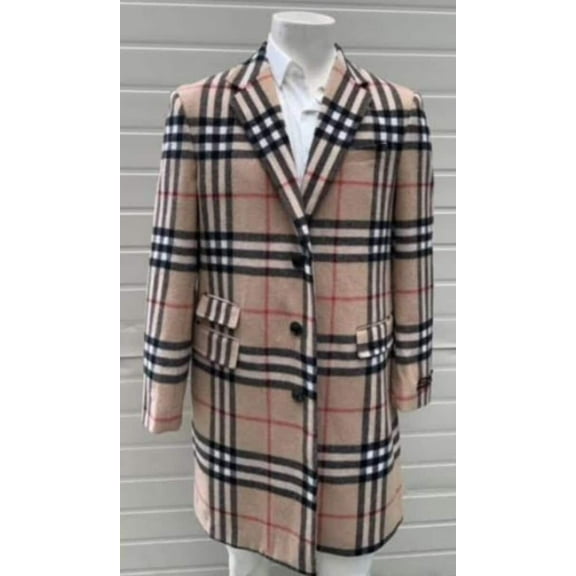 Mens Plaid Overcoat - Checkered Carcoat - Wool Three Quarter Peacoat