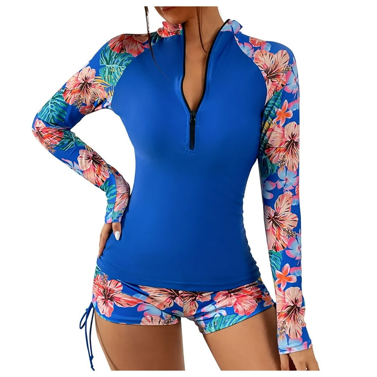 Xysaqa Women Long Sleeve Sun Protection Tummy Control Swimsuit Two Piece  Swimsuits Set Floral Leaf Print Surf Swim Athletic Rash Guard Zipper Shirt  Bathing Suit with Boyshort Bottom 2023 