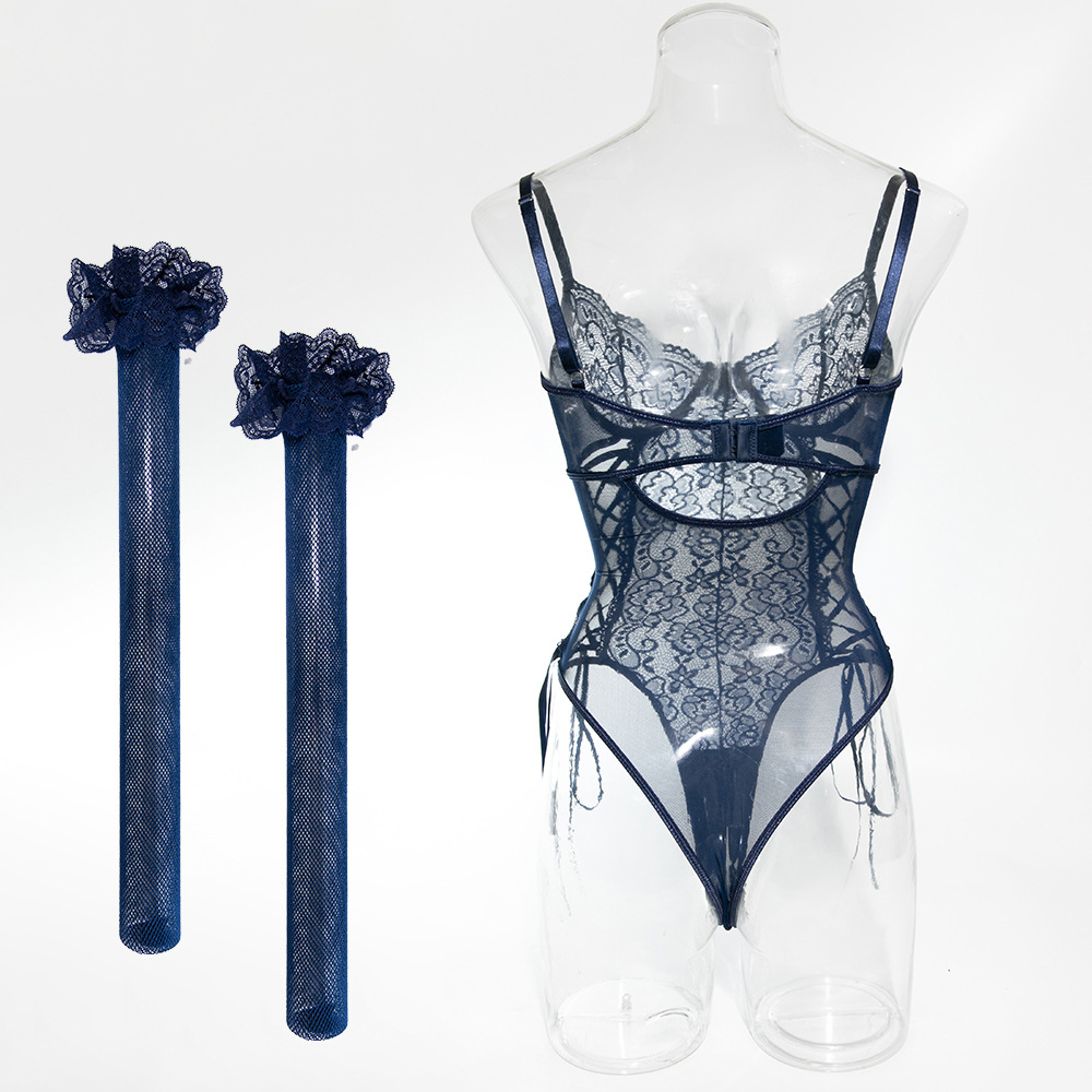 Ausing Lingerie for Women Teddy Bodysuit Lace Babydoll with Stocking One-Piece See Through Strappy Boudoir Outfit Navy blue L