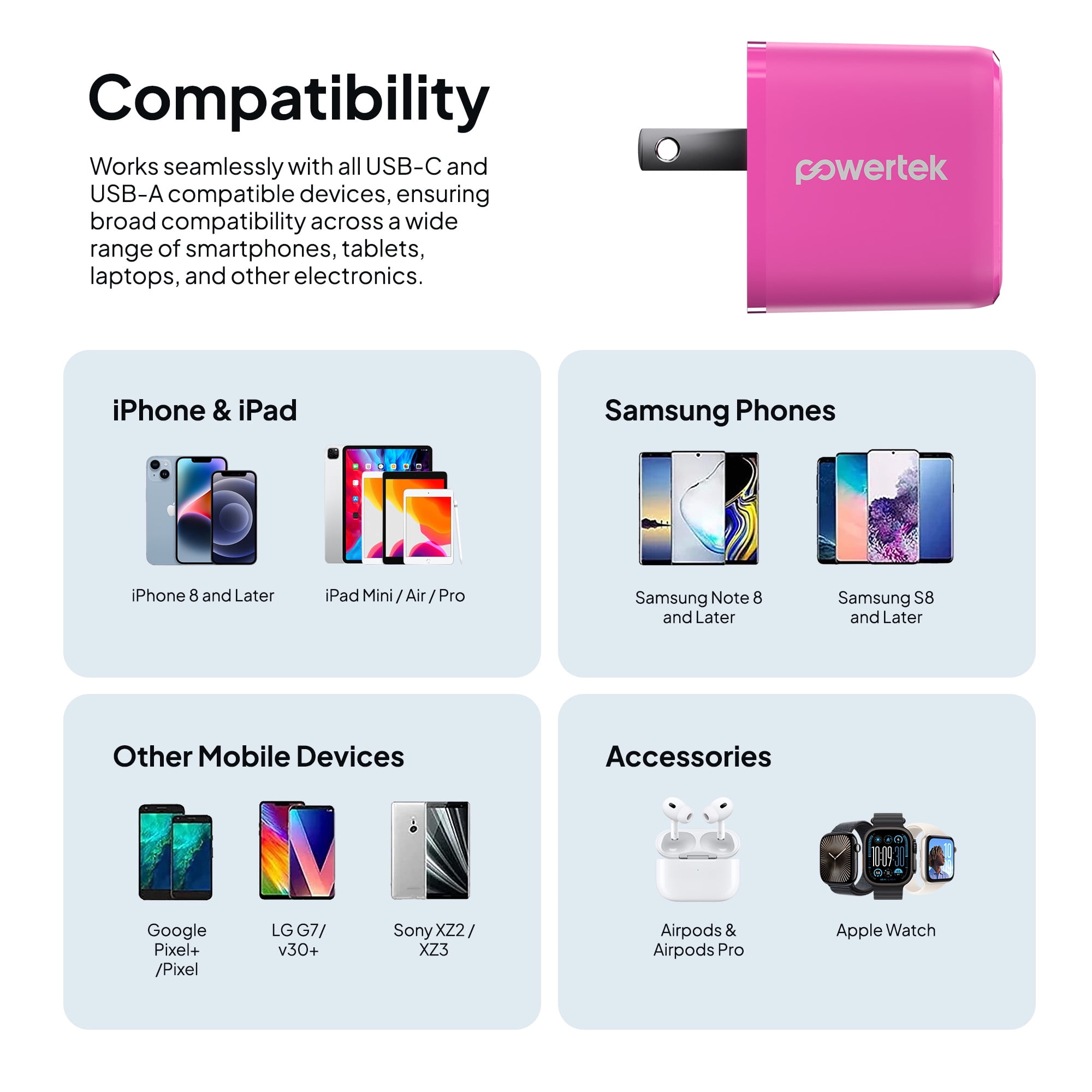 Powertek 20W USB-C PD + USB-A Dual Port Wall Charger, Carbon Design, Pink