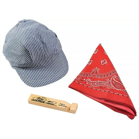 Cp Usa Little Engineer Stripped Train Conductor Hat, Red Bandana, & Train Whistle 3 Piece Set