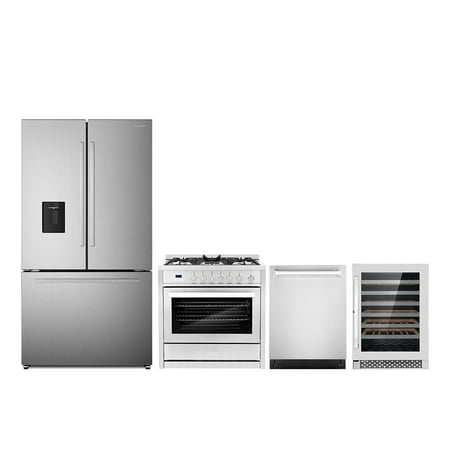 4 Piece Kitchen Package with 36  Freestanding Gas Range 24  Built-in Fully Integrated Dishwasher French Door Refrigerator &amp; 48 Bottle Freestanding Wine Refrigerator