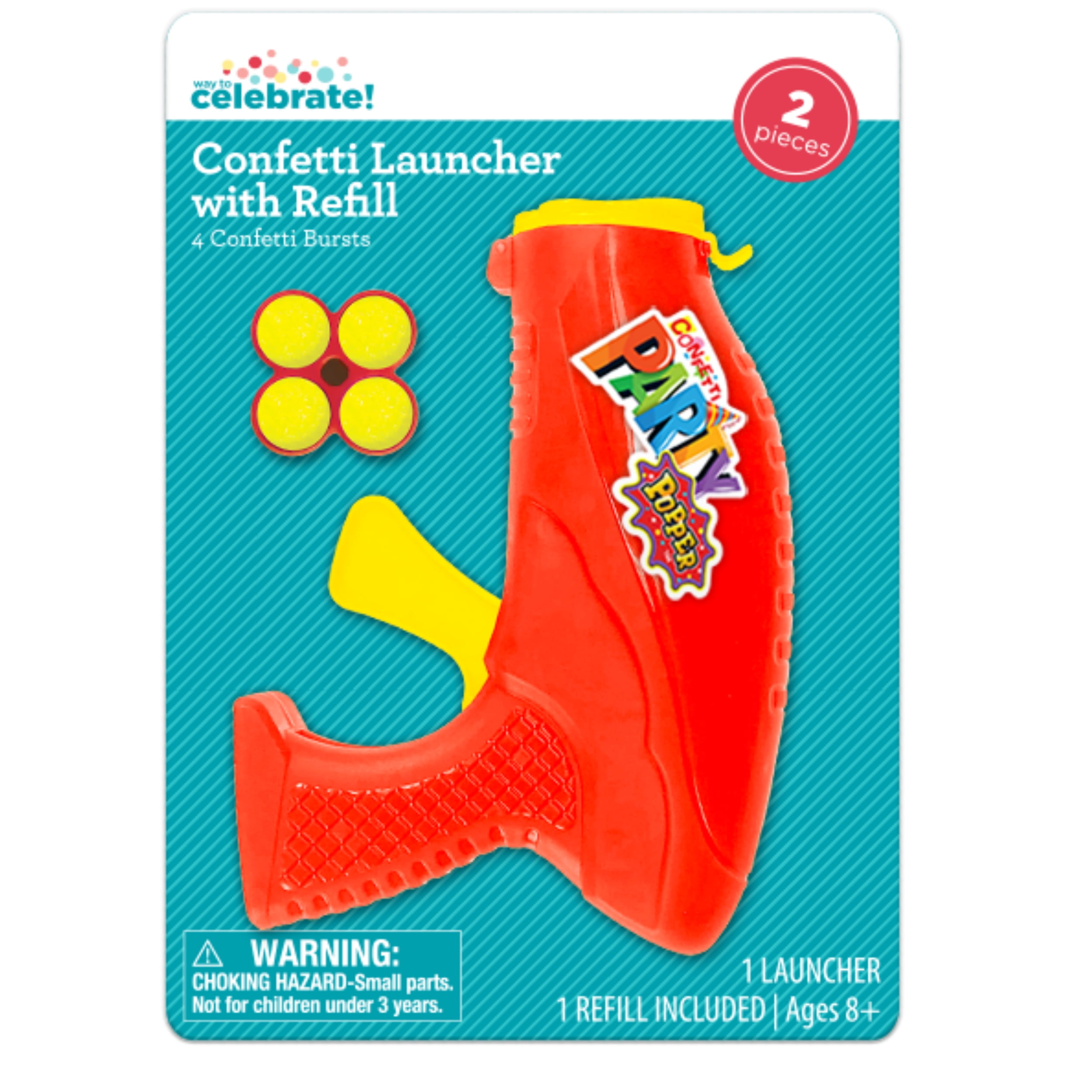 Way to Celebrate Confetti Launcher with 4 Confetti Foil Bursts, Red Plastic Party Popper