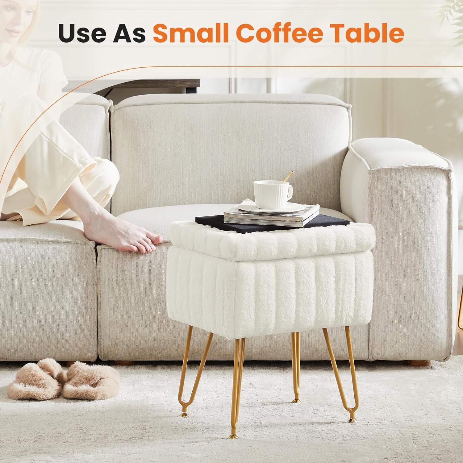 Simenmax Vanity Stool Chair with Storage, Ottoman Faux Fur Soft Padded Makeup Footstools Seat with 4 Metal Legs Anti-Slip Adjustable Feet Modern Cute Small Footrest for Home Entryway Bedroom,White