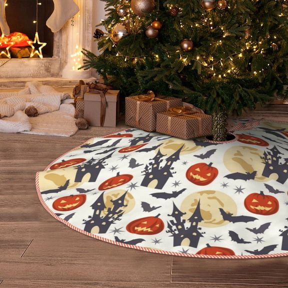 Halloween Christmas Tree Skirt - pumpkin halloween bats print 30 Inches Christmas Tree Skirt for Halloween Holiday Indoor Home Christmas Tree Decorations with Three Ribbons
